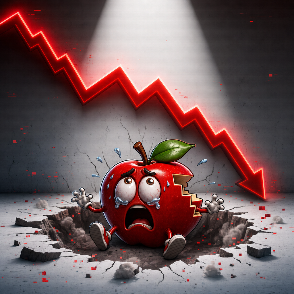 A panicked cartoon apple sitting at the bottom of a dark hole